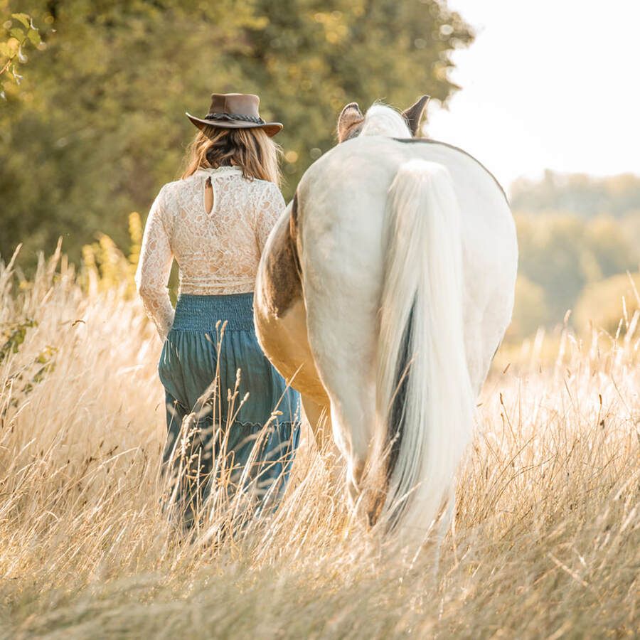 A person in western attire walks with a majestic white horse through tall golden grass at sunset.