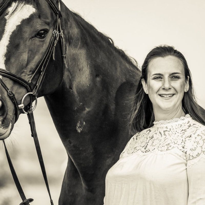 Black and white portrait series showing a person in white clothing posing with a dark horse in various compositions.