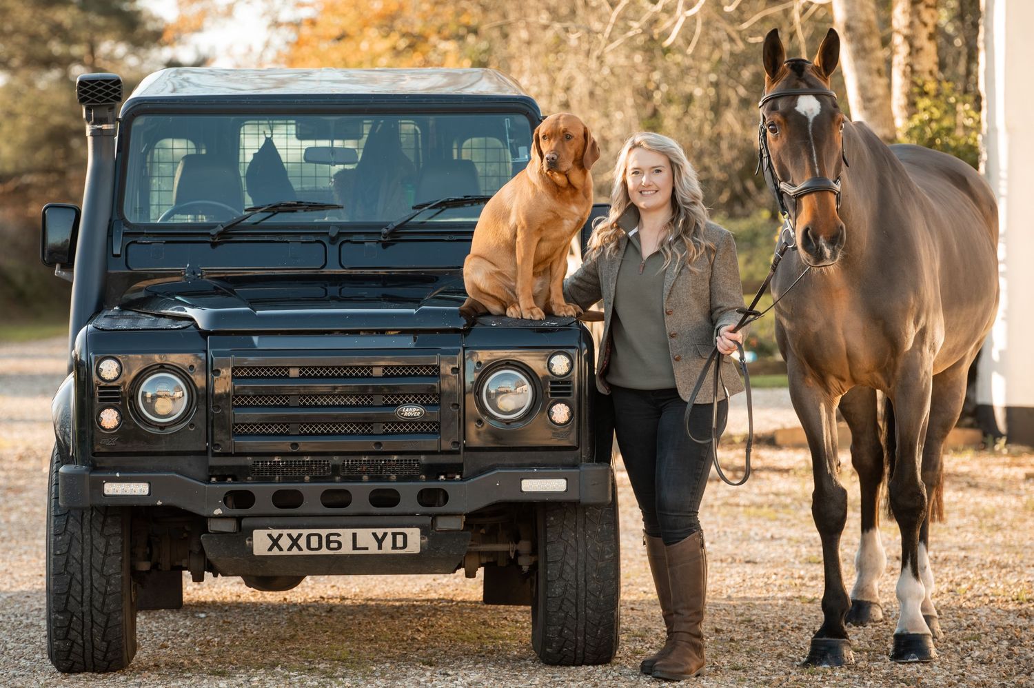 A black Land Rover Defender parked next to horses and riders on a dirt path in autumn lighting.