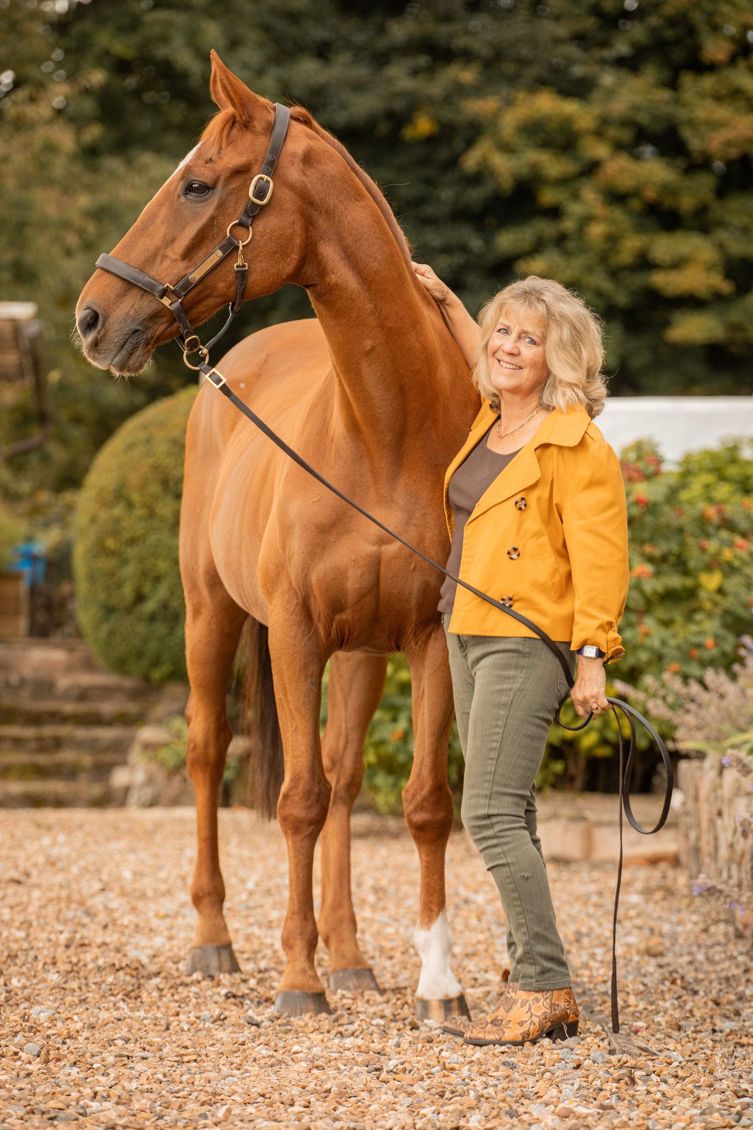 A chestnut horse stands on gravel while being handled in a bright yellow jacket on an autumn day.