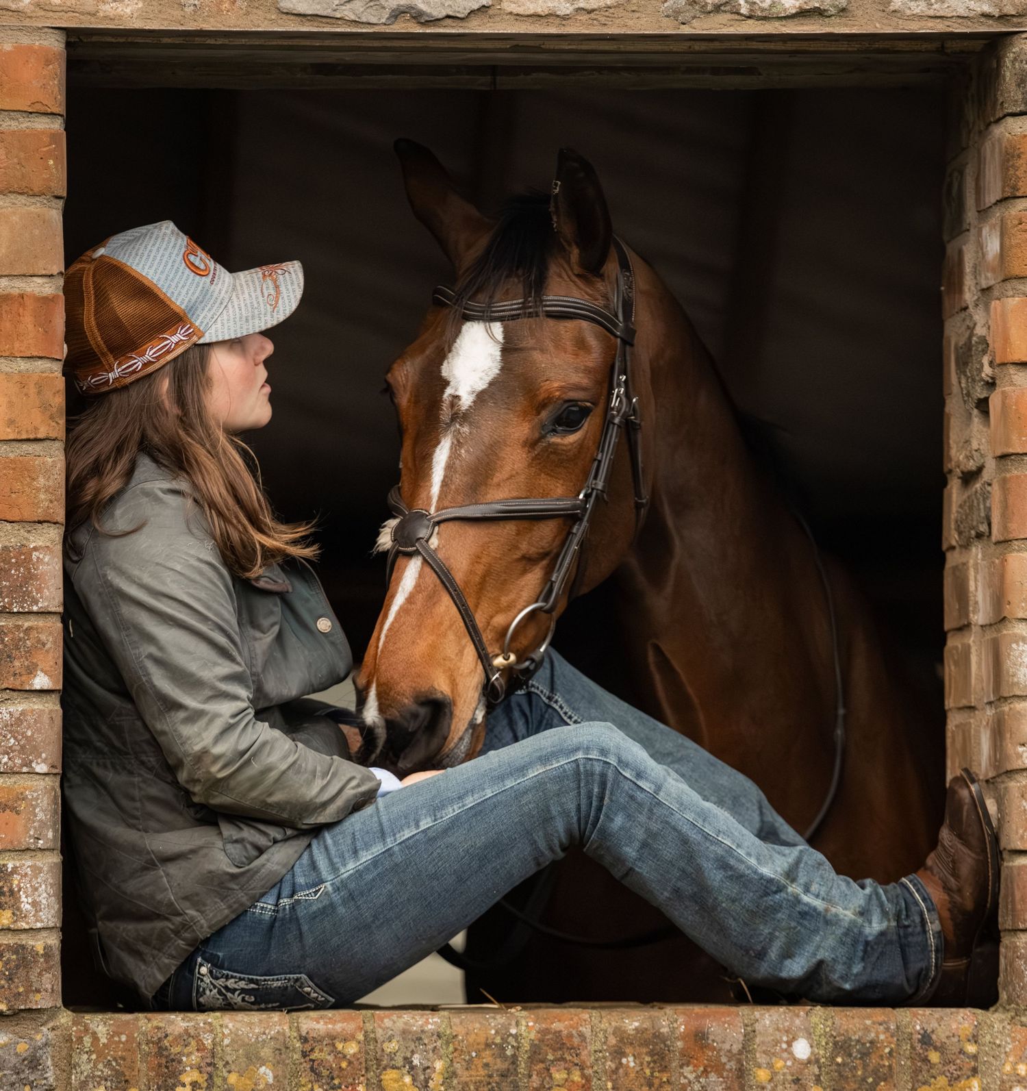 Horses peek through brick stable windows while riders relax and interact with them in rustic barn setting.