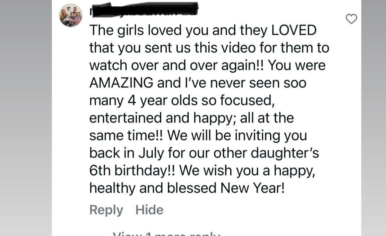 Screenshot of social media comment praising performance for entertaining young audiences.