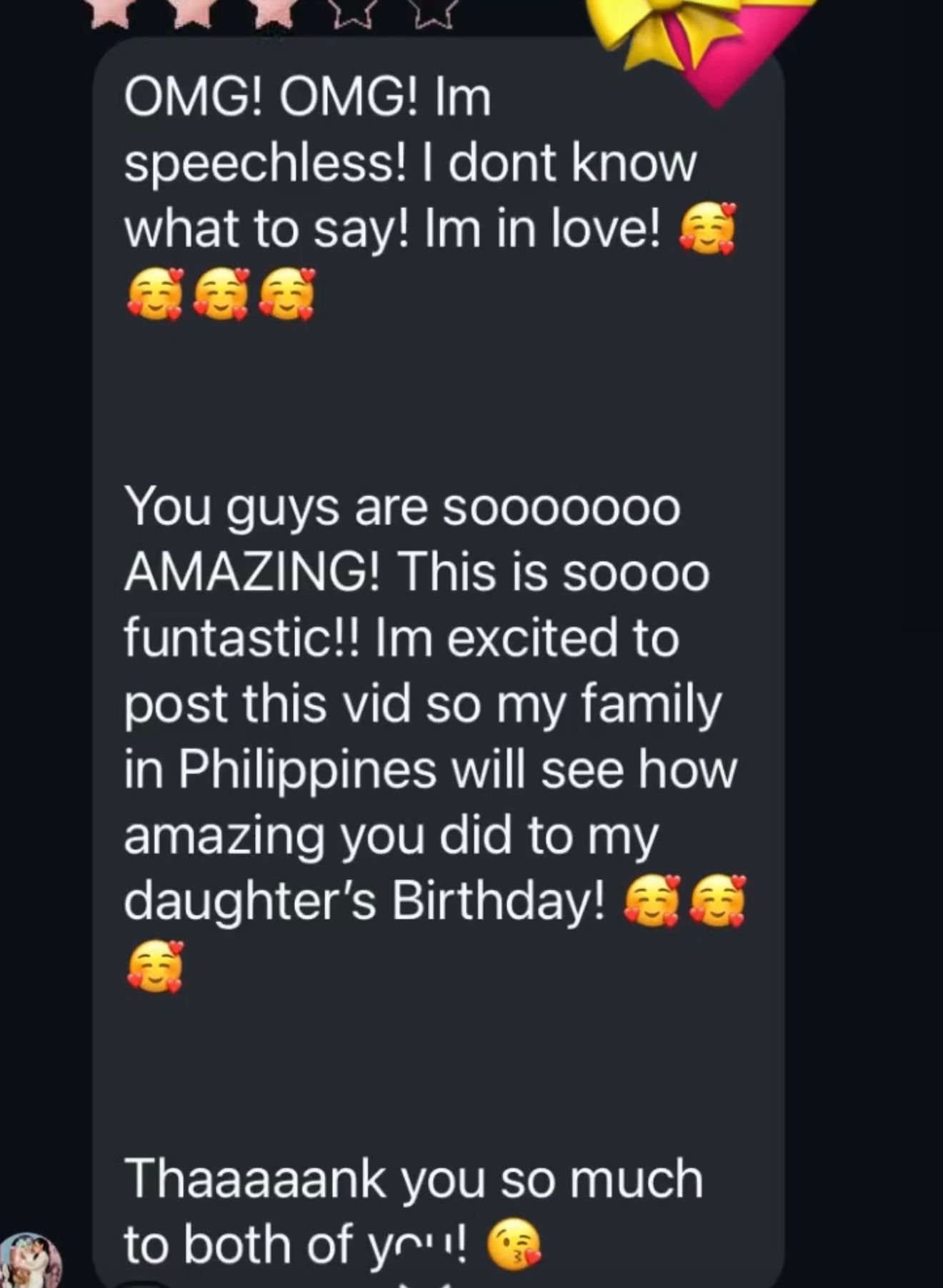 Dark themed chat messages expressing excitement and gratitude with multiple emoji reactions.