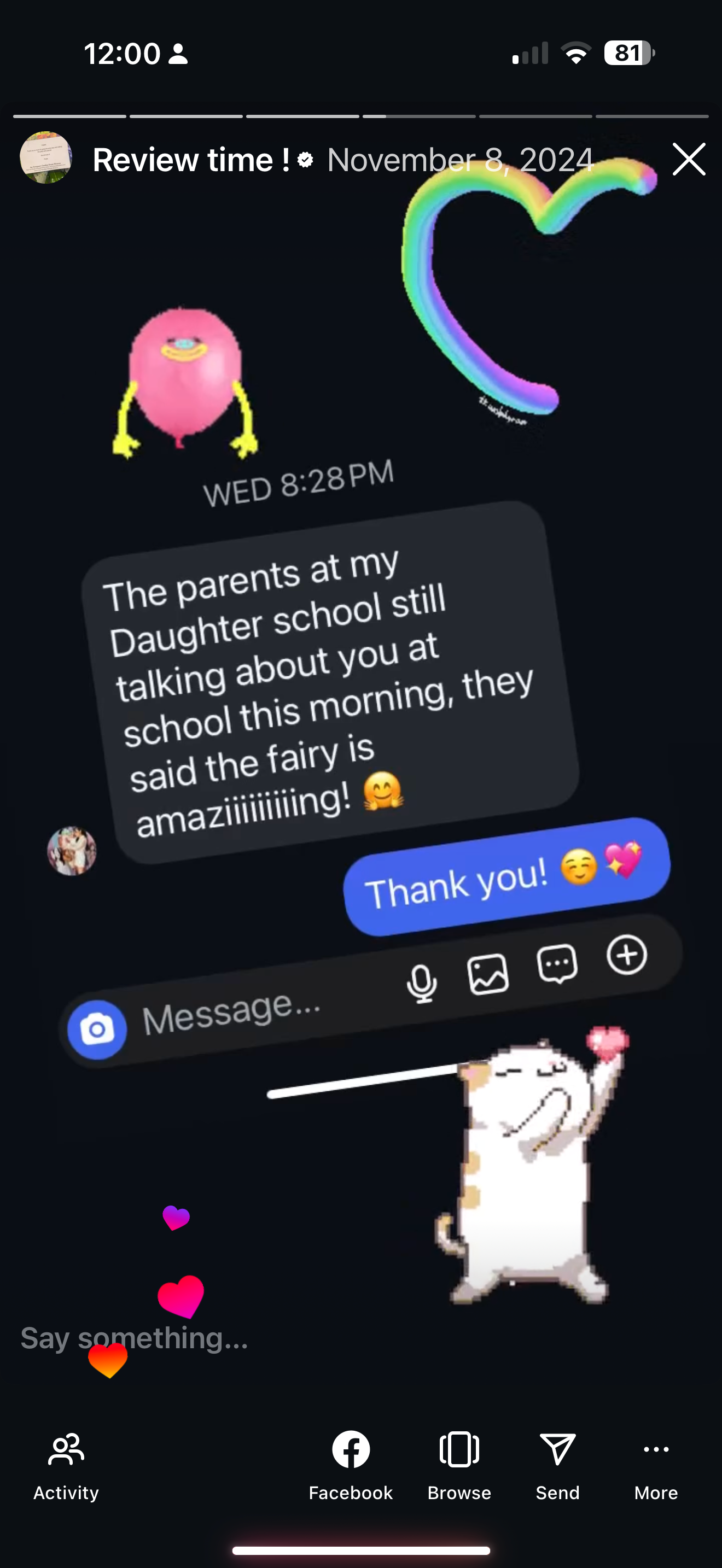 Dark mode text message conversation with emoji reactions and colorful interface elements.