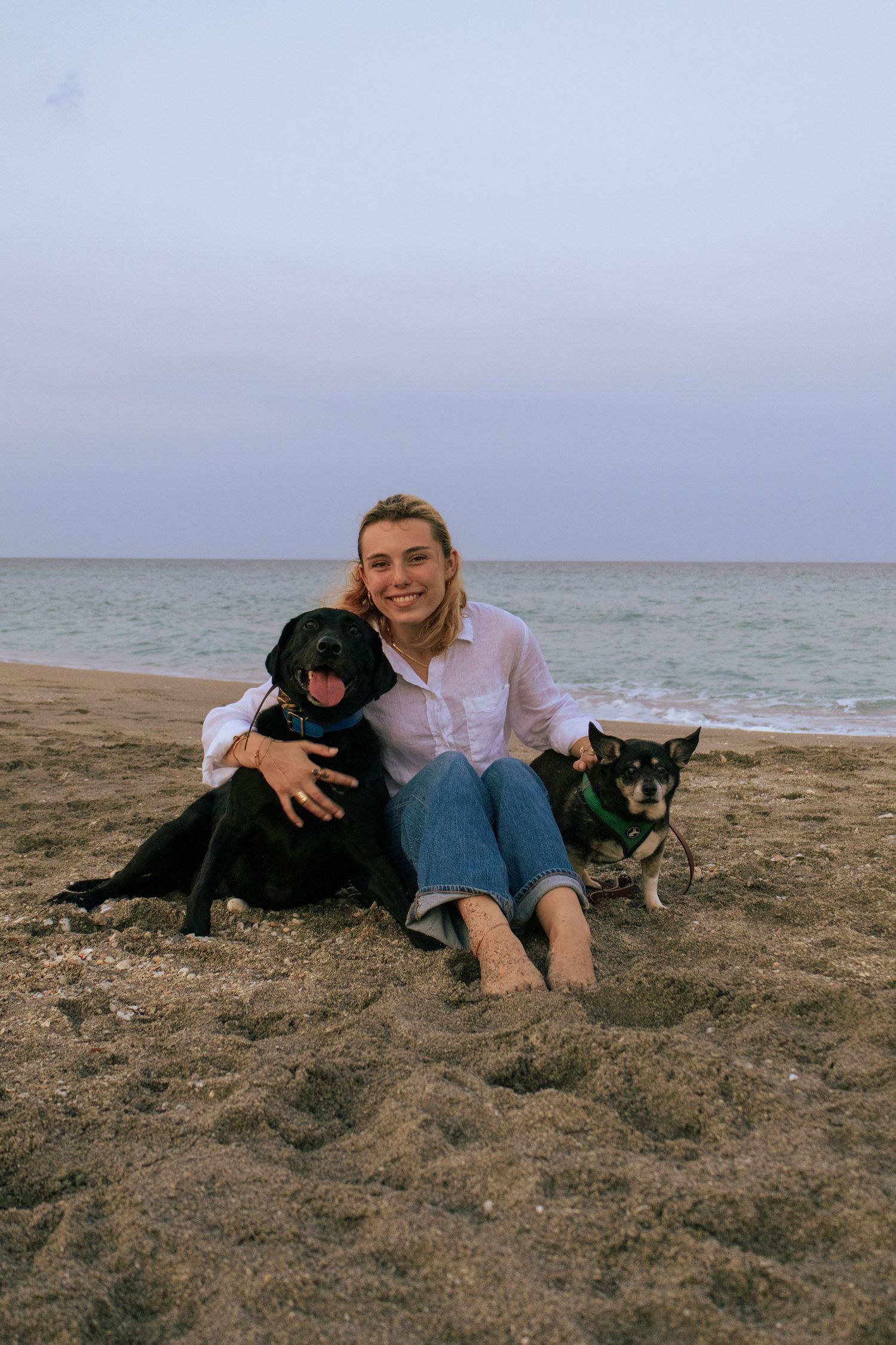 Smiling young woman sitting on beach sand with a black Labrador and small dog at dusk.