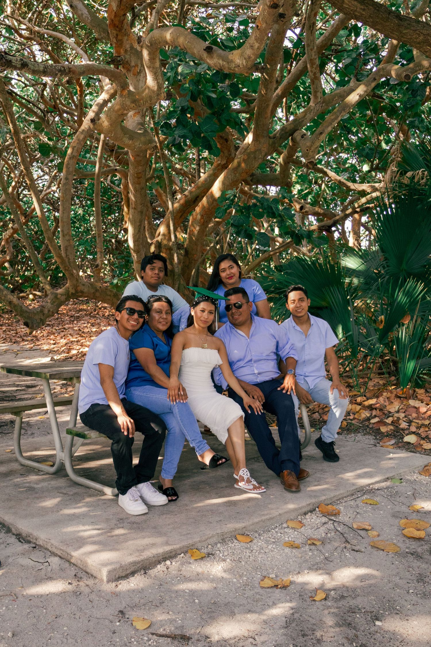 Group of seven people posing together on a bench under large trees in a park setting.