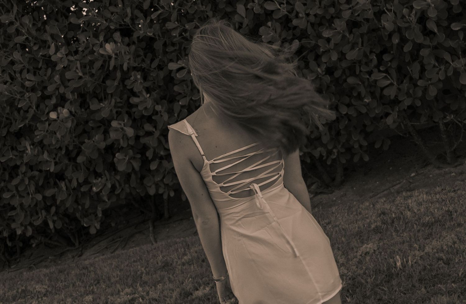 Young woman in white lace-back dress with hair blowing in wind standing near green hedges.