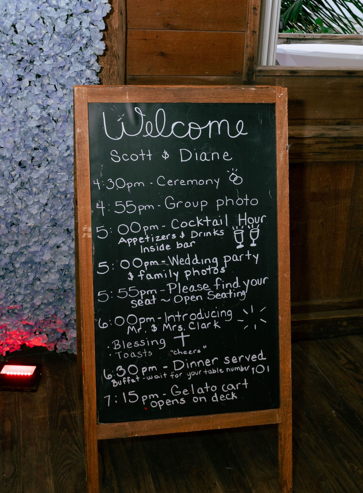 Wedding day chalkboard timeline welcoming guests to Scott and Diane's reception schedule.