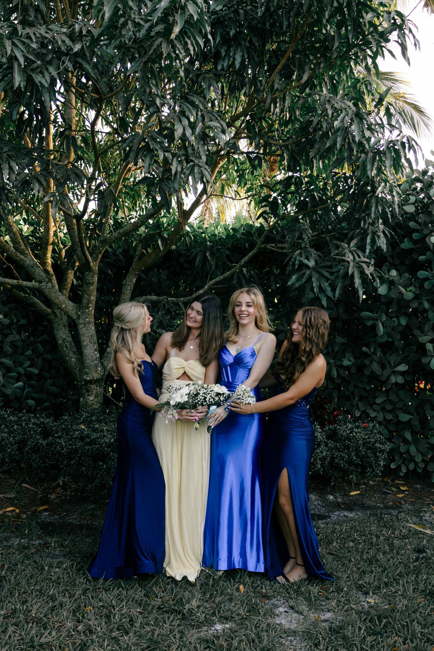 Four young women in blue and yellow formal gowns smile together under a leafy green tree.