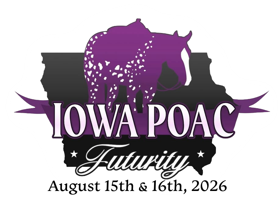 Iowa Poac Futurity logo featuring a purple Pony of Americas horse, August 15th & 16th, 2026.