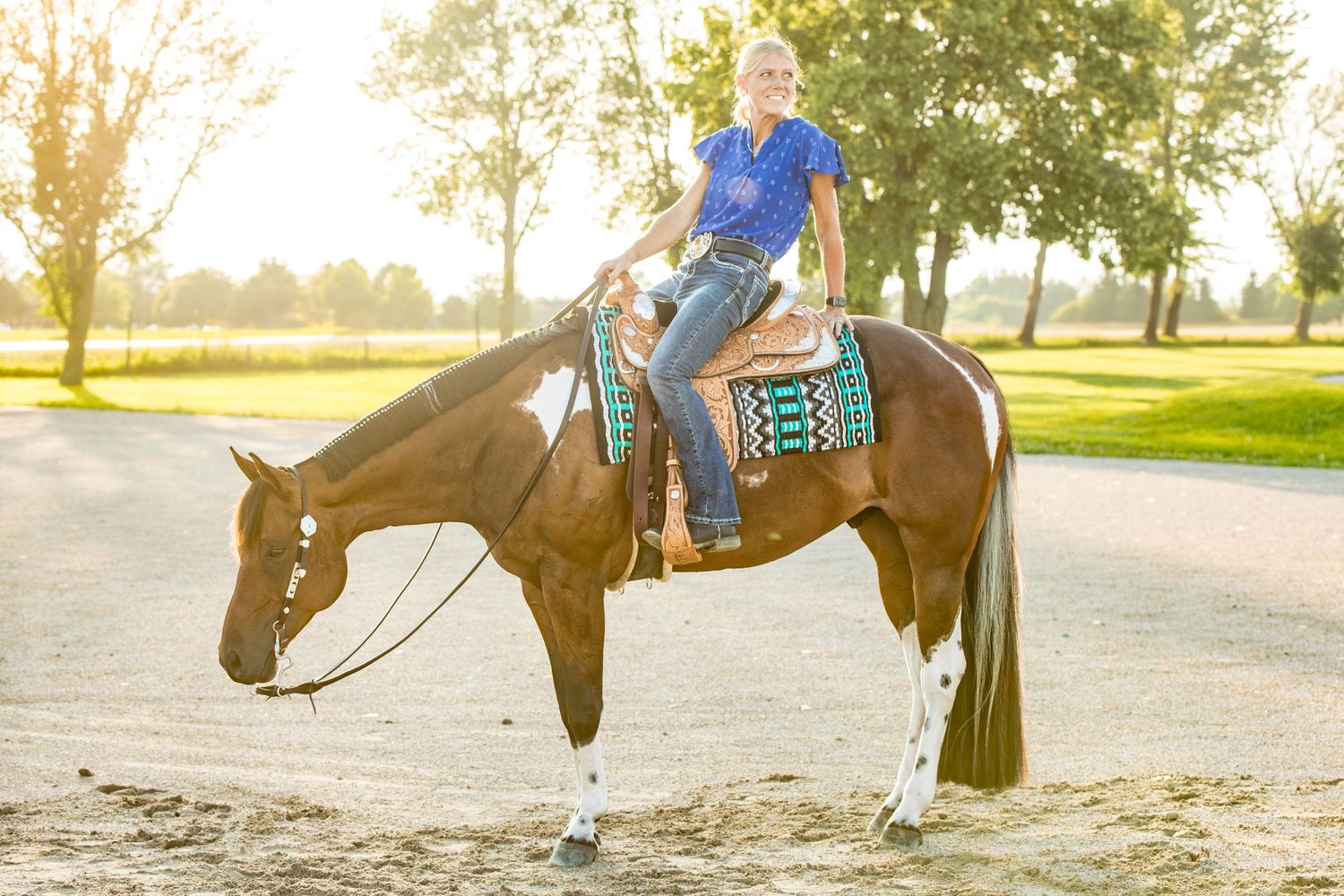 A brown and white horse with western tack standing in golden evening light.