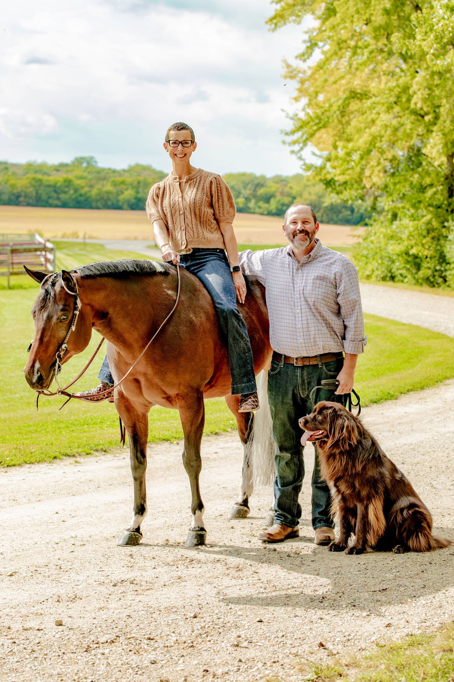 A brown horse stands on a country path with a dog nearby.