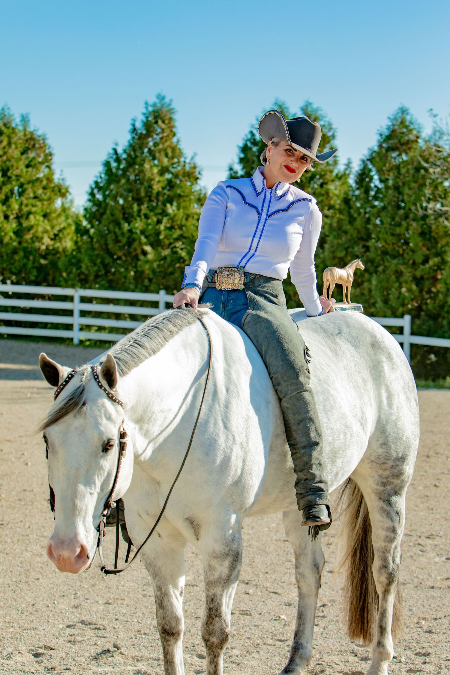 A sequence of five images showing a white horse and rider practicing balance exercises in an outdoor arena.