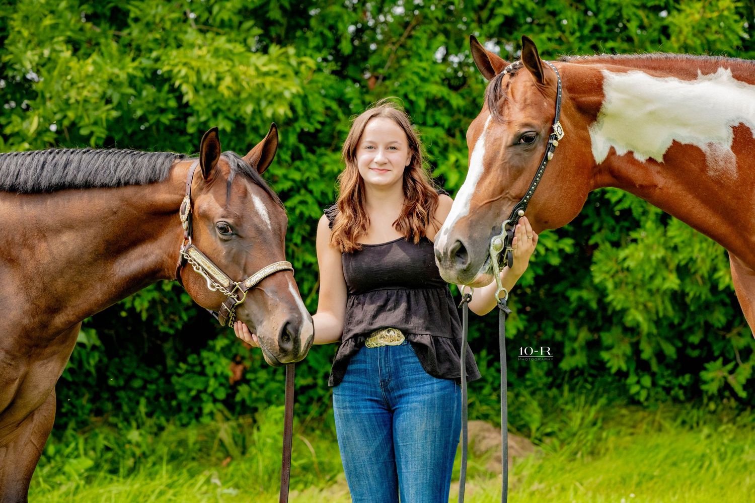 A chestnut horse wearing a halter stands in a lush green field as someone pets their nose.