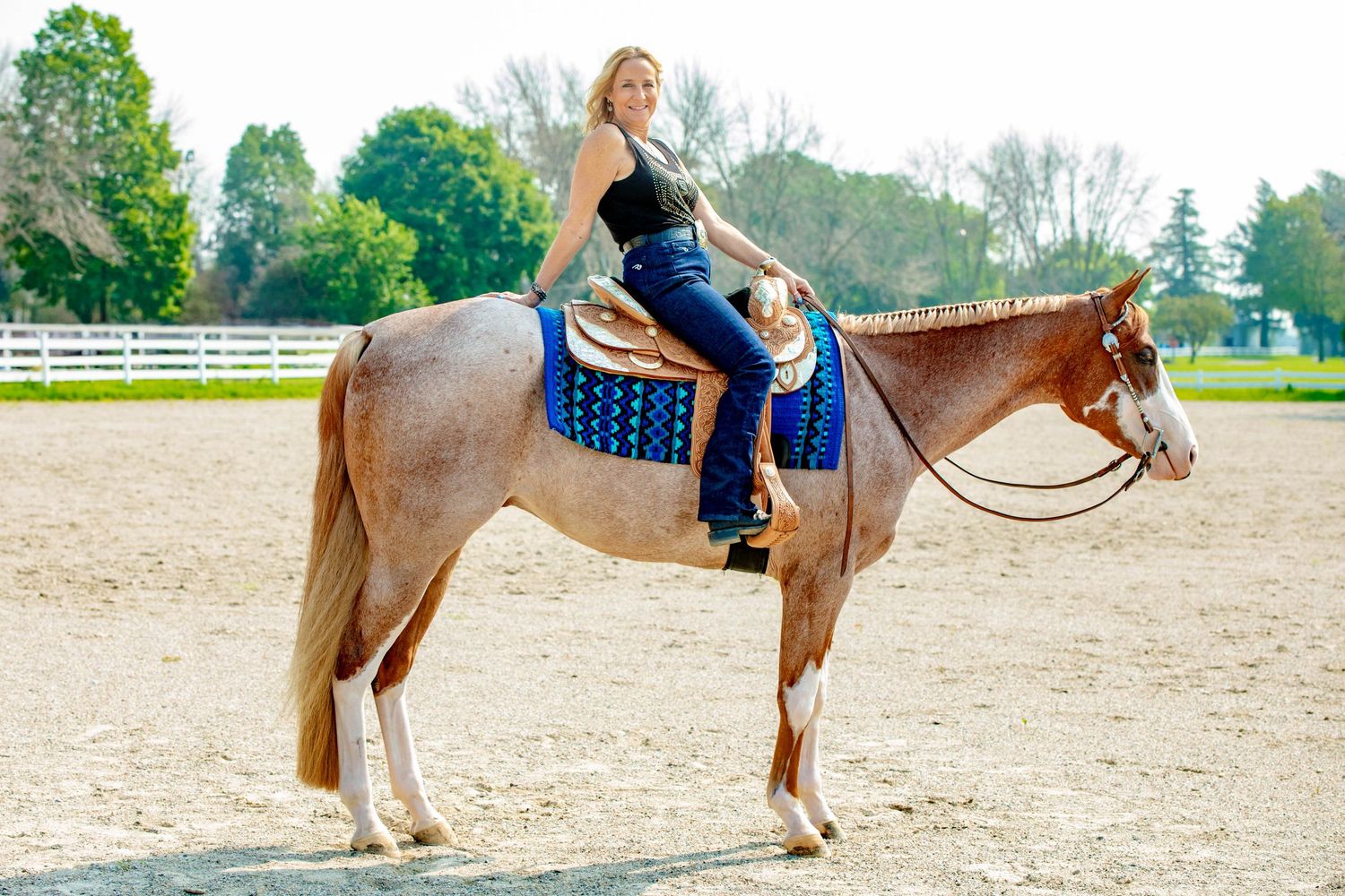 A rider in blue clothing sits atop a brown and white paint horse in a fenced arena on a sunny day.