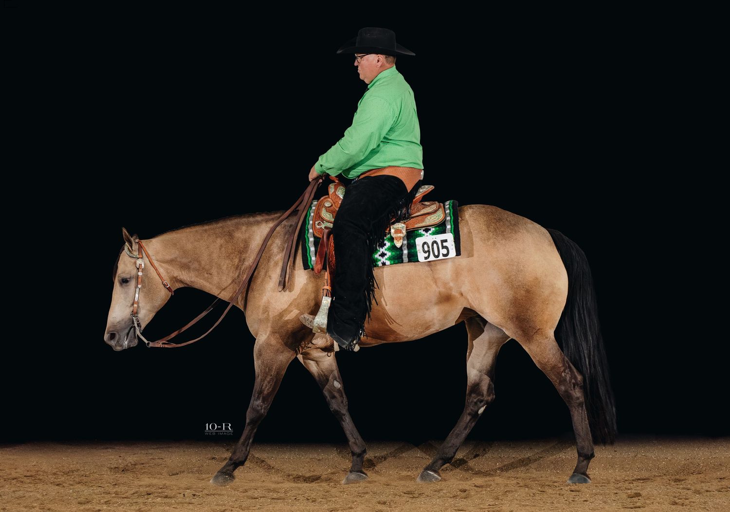 Brown horse performing western riding movements in an indoor arena.