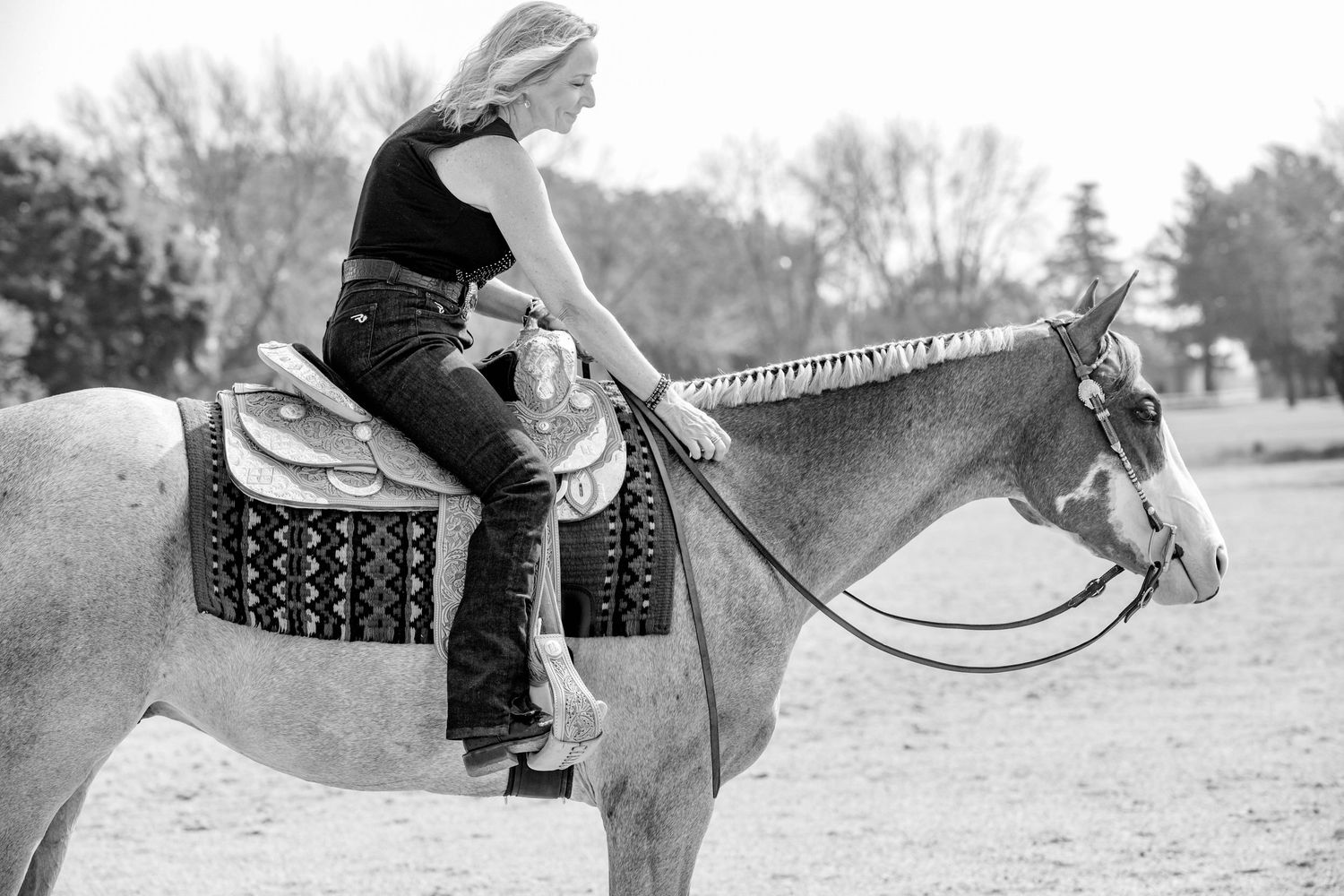 A sequence of black and white vintage horse riding photos showing saddle mounting techniques and riding positions.