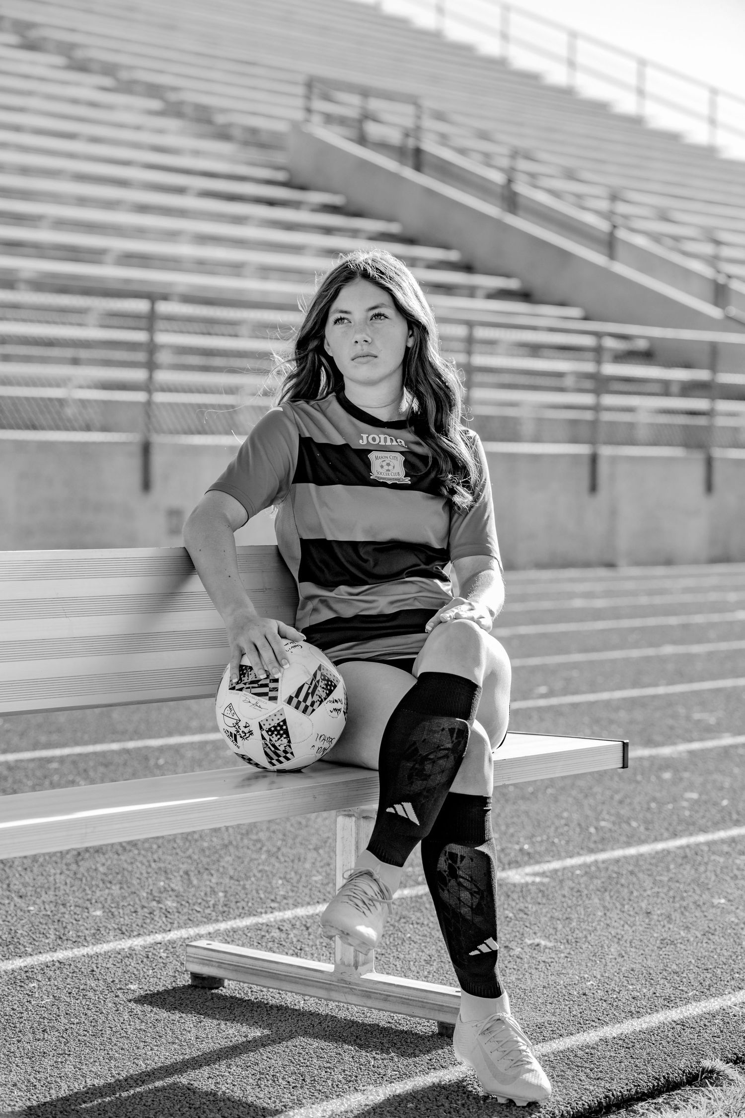 Series of black and white portraits showing person sitting on stadium bleachers.