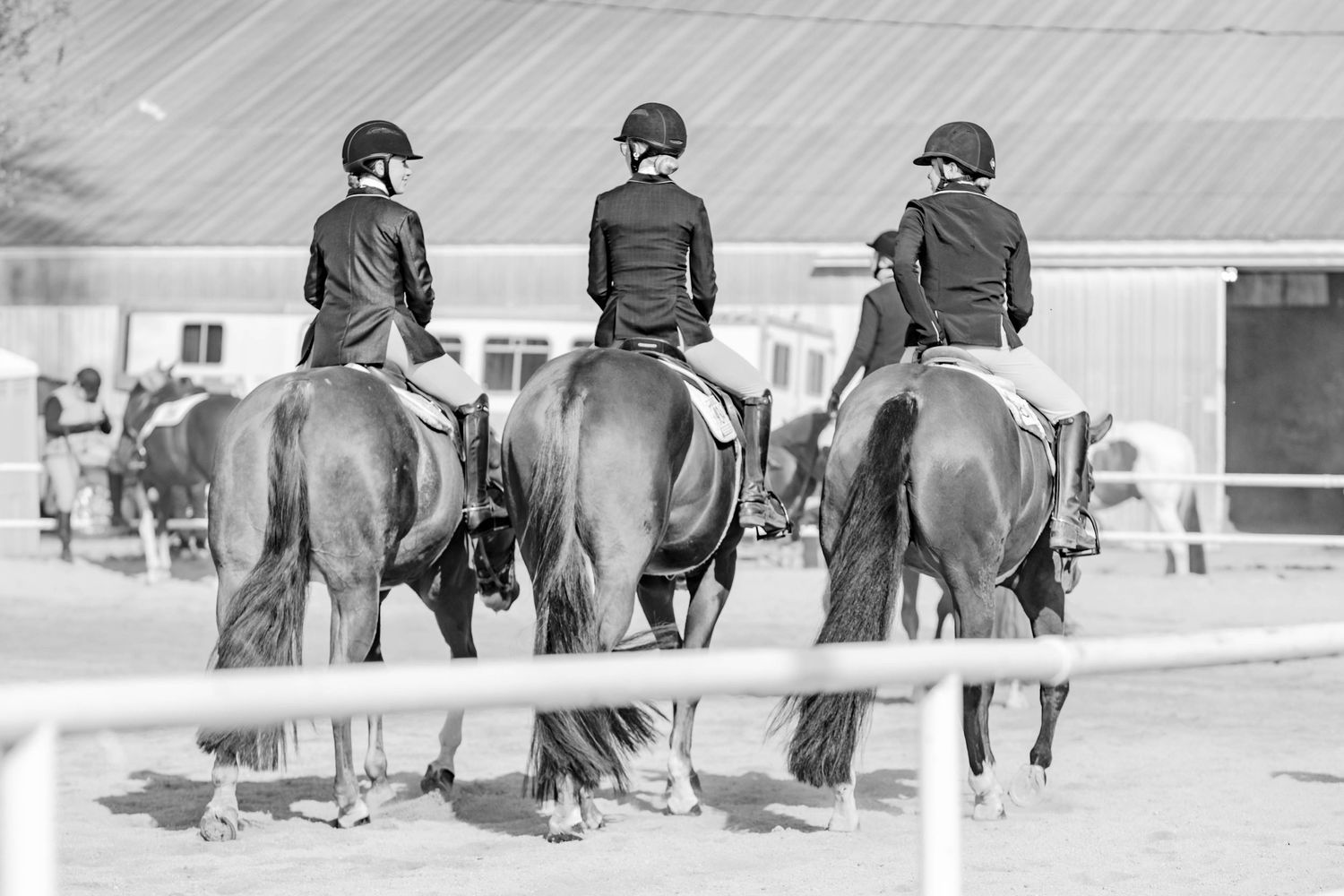 Riders on horseback in an indoor equestrian arena during a training session.