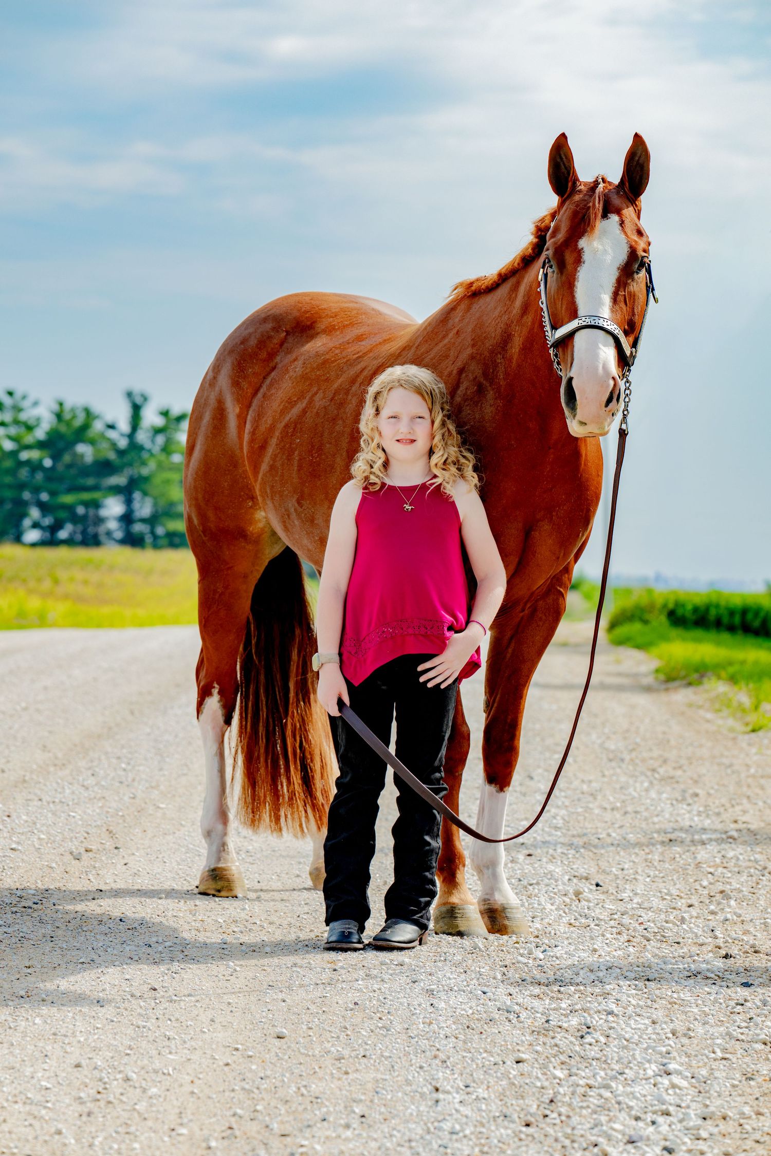Young girl in pink top stands proudly with a chestnut horse on a rural gravel road on a sunny day.