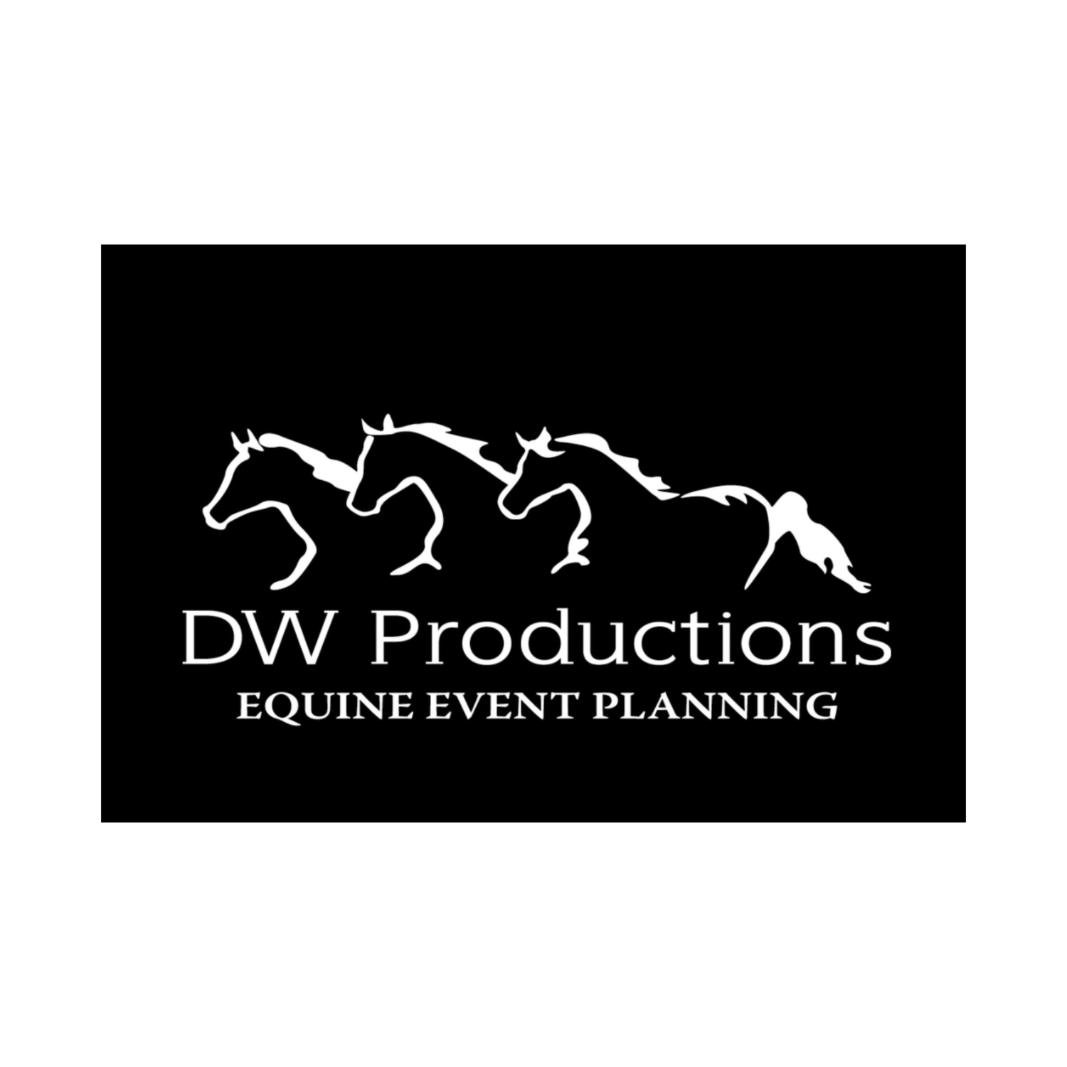 DW Productions Equine Event Planning logo featuring white silhouettes of jumping horses on a black background.