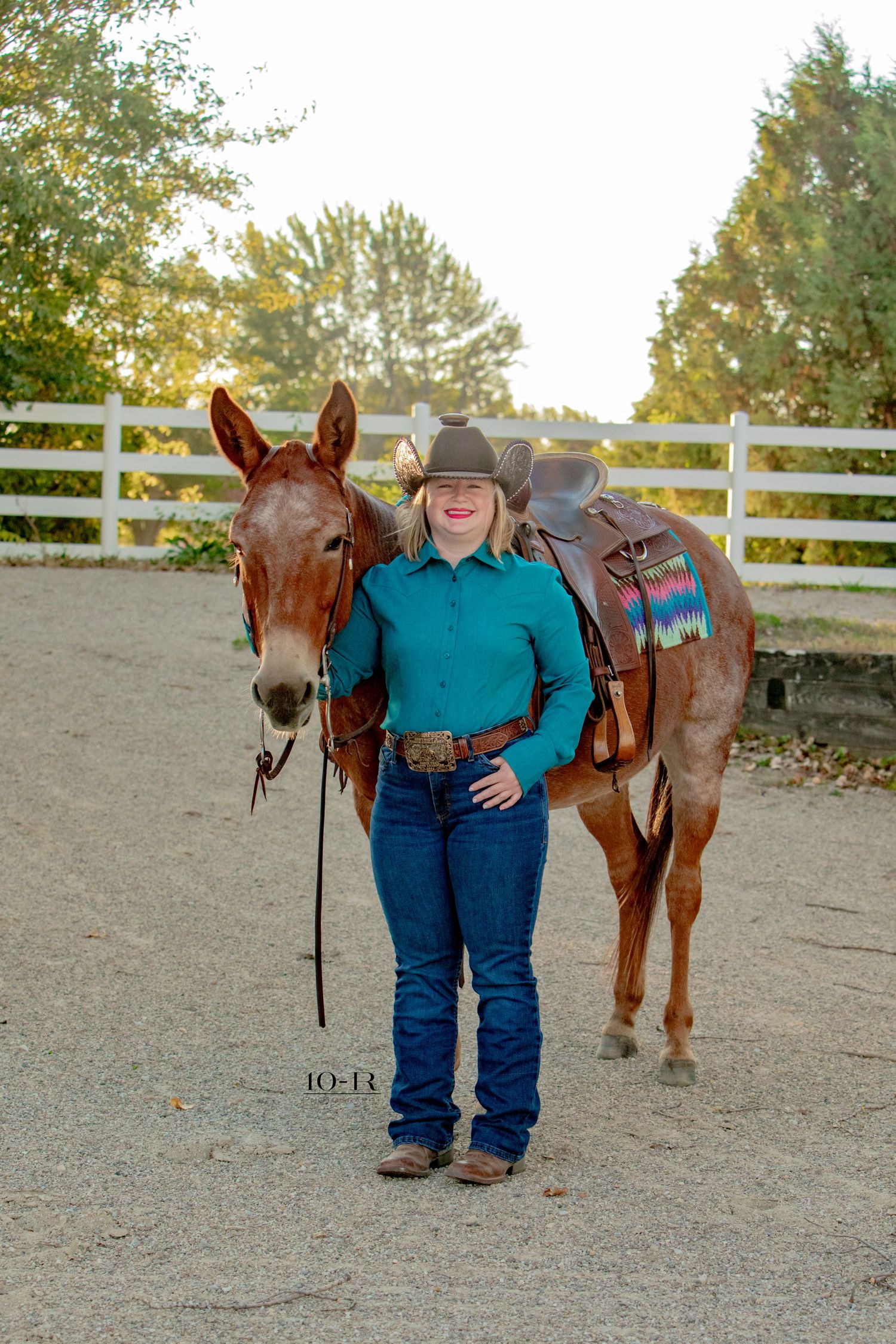 Person in teal shirt and jeans standing next to a brown horse in a fenced paddock.