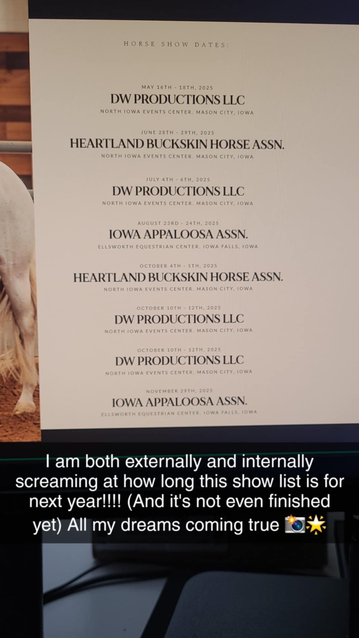 A show list featuring multiple horse organizations including DW Productions LLC, Heartland Buckskin Horse Assn, and Iowa Appaloosa Assn.