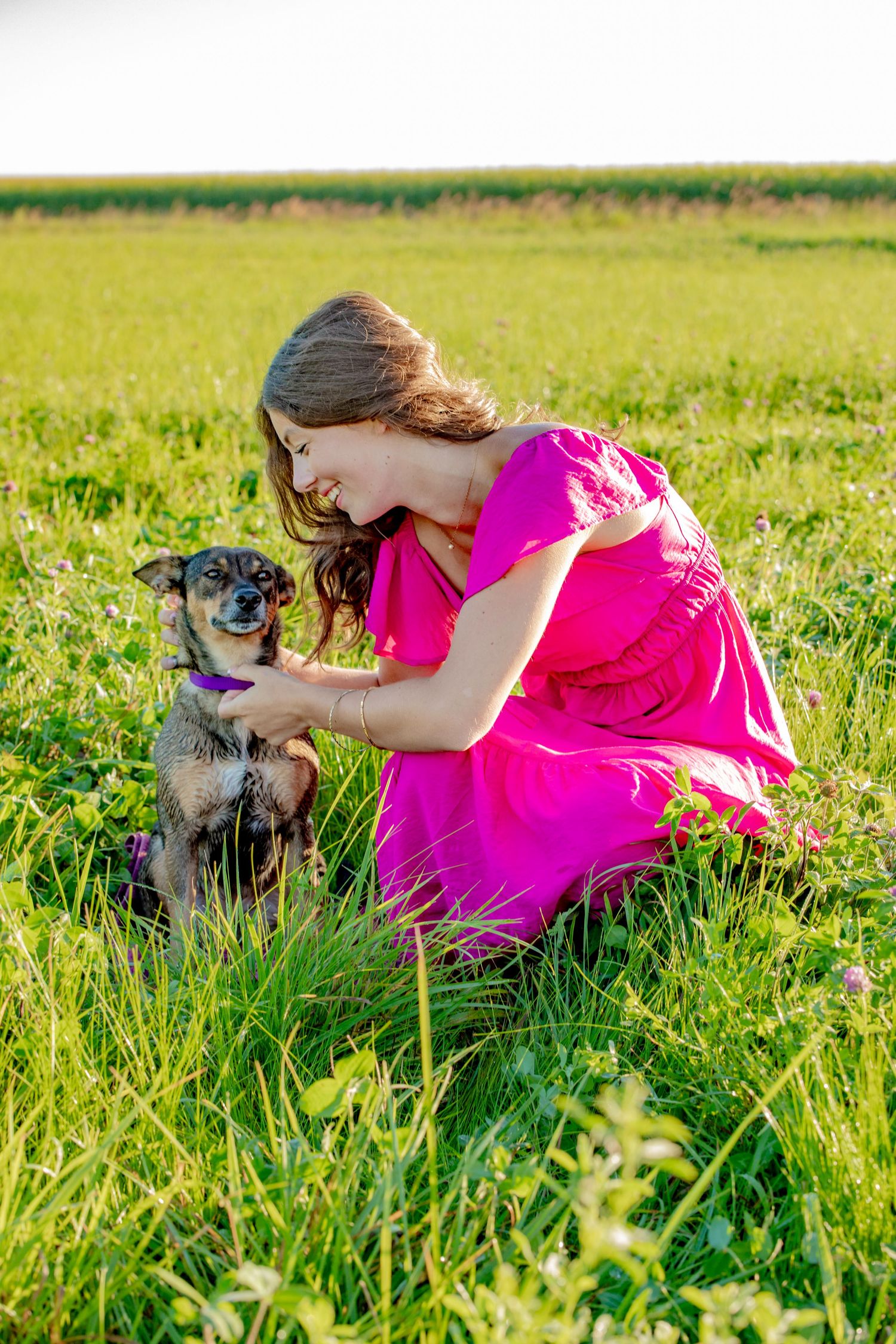 A playful interaction between a dog and someone wearing a vibrant pink dress in a grassy field.