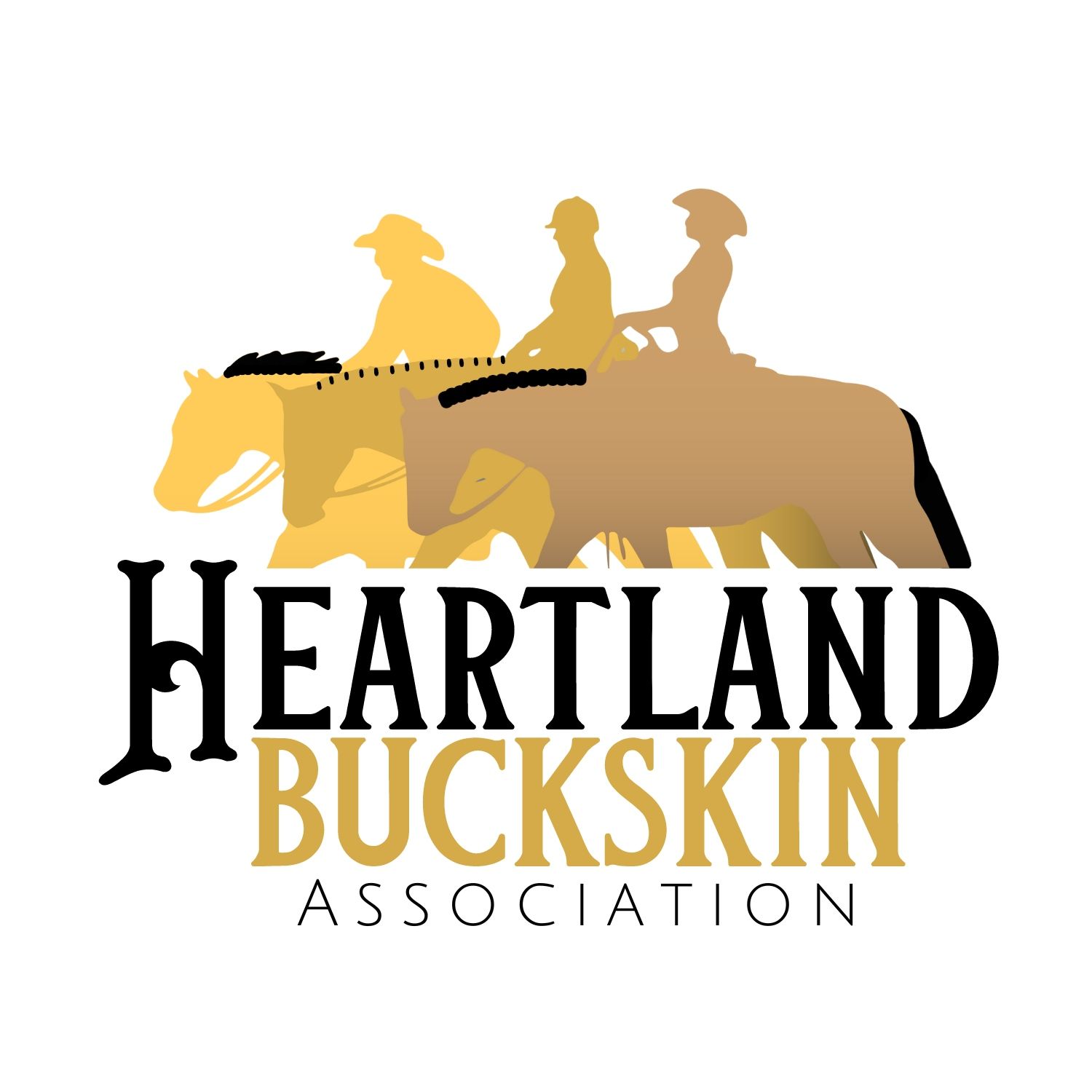 Heartland Buckskin Association logo featuring three silhouetted riders on horses in gold and black tones.