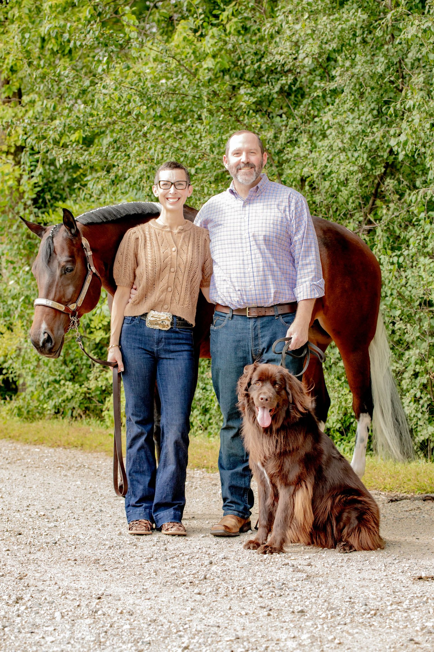 A brown horse and chocolate Newfoundland dog pose with people outdoors on a gravel path near green foliage.