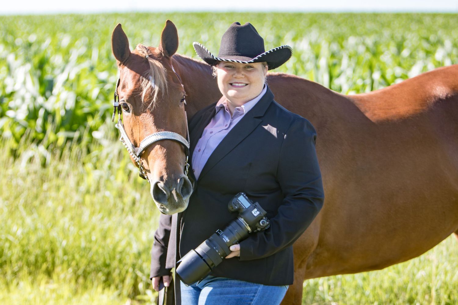 Series of equestrian photos showing a horse and rider in formal attire against a grassy background.