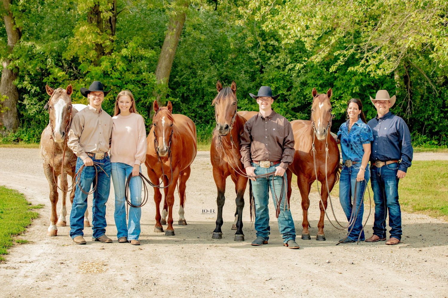 A series of cropped photos showing people's legs and horses standing together in a line outdoors.