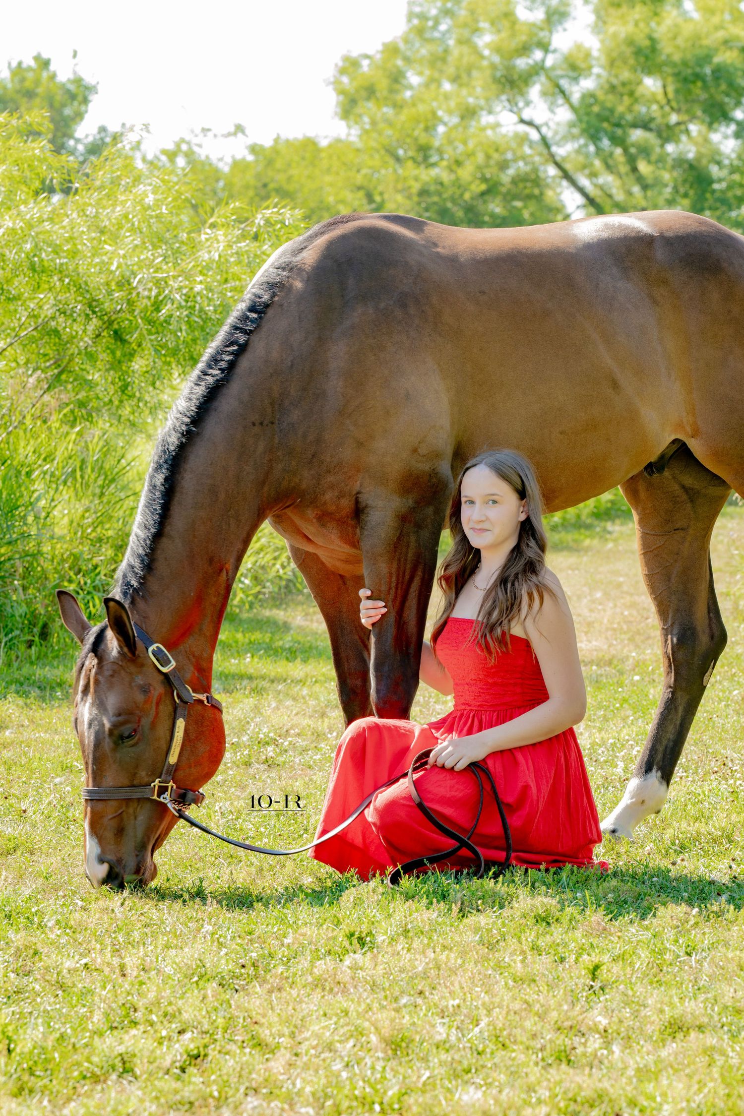 A young woman in a red dress sits gracefully on grass while holding the reins of a brown horse grazing beside her.