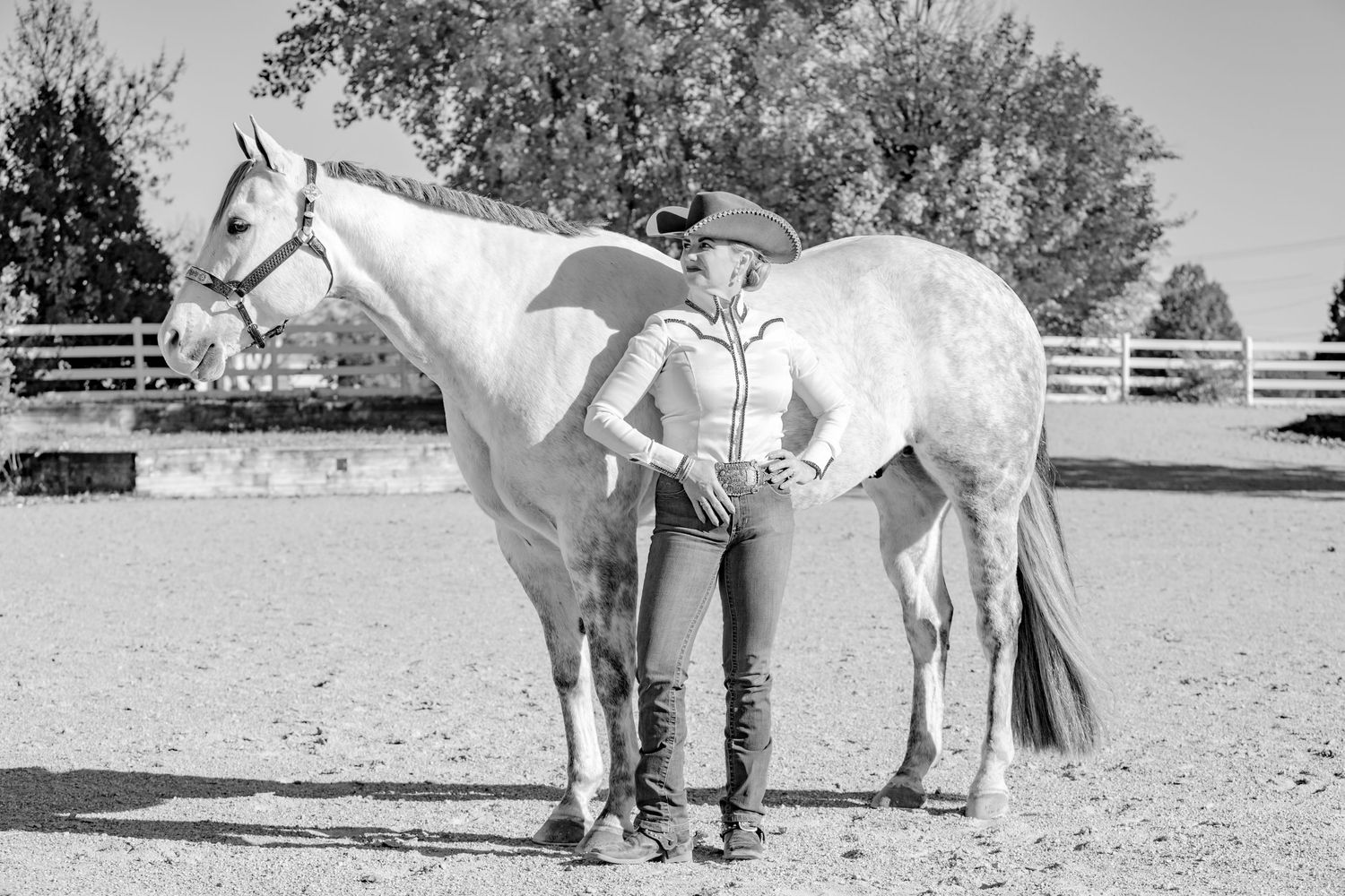 A person in riding gear leads a white horse through an outdoor arena during a training or practice session.