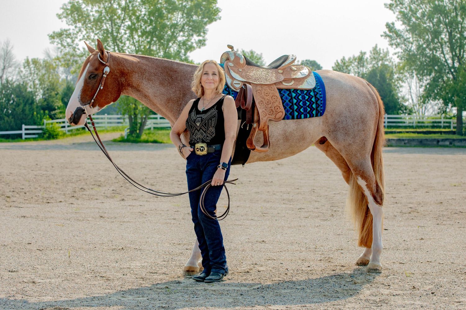 A brown horse with western tack and a blue saddle pad stands in a riding arena on a sunny day.
