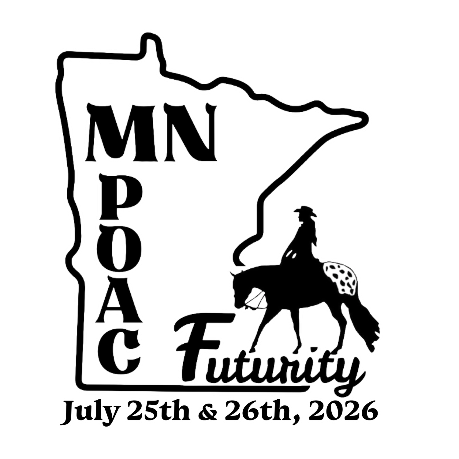 MN POAC Futurity logo with Minnesota state outline, horse and rider silhouette, July 25th & 26th, 2026.