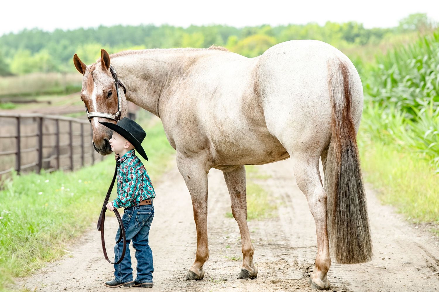 Small child in western wear leading a cream-colored horse down a dirt path.