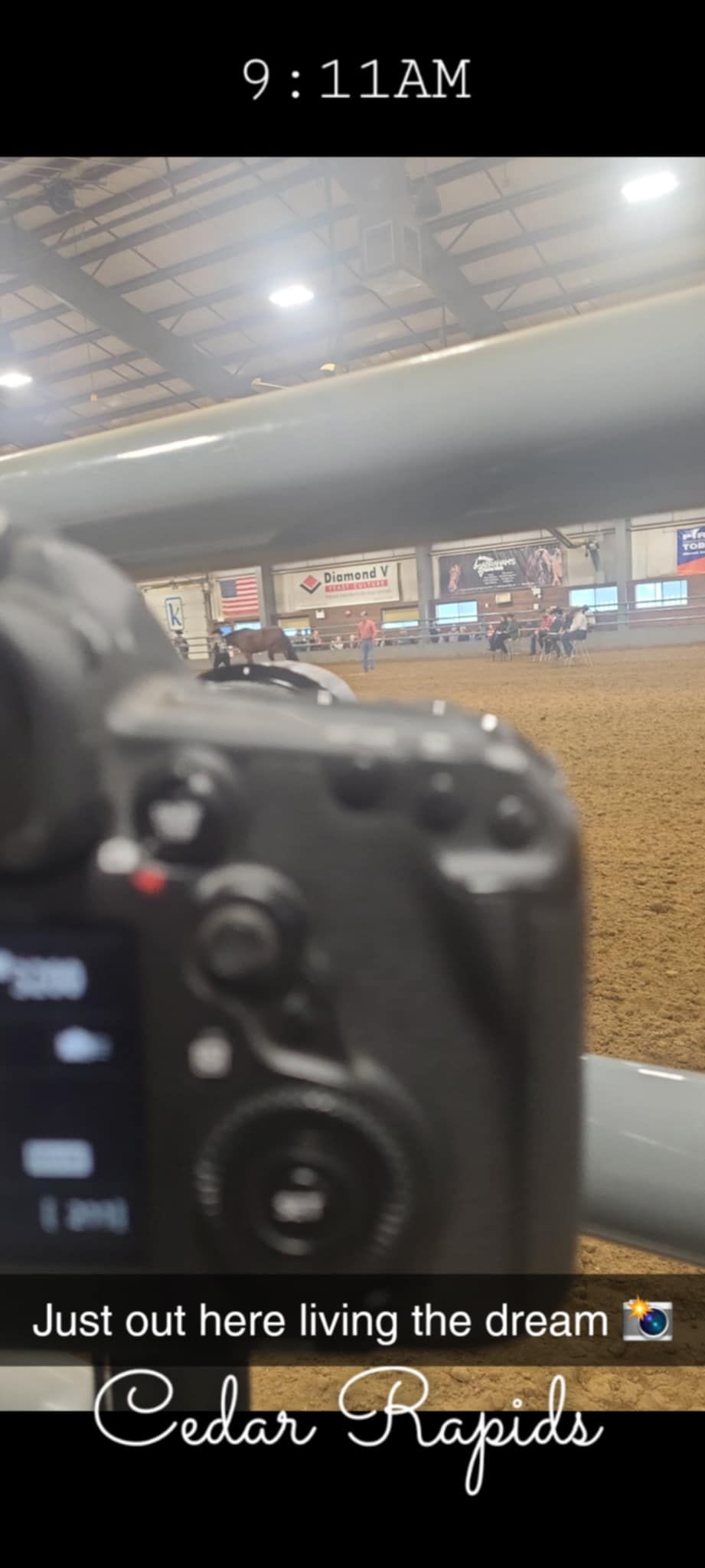A collage showing sequential photos of an indoor equestrian arena with blurred camera views at Cedar Rapids.