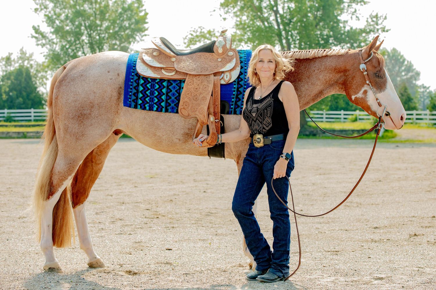 A horse wearing blue and brown western tack stands in a dusty arena with its handler.