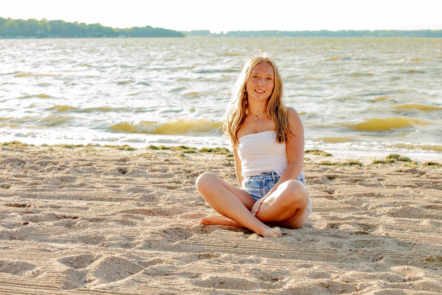 A tranquil beach scene with sand and gentle waves lapping at the shoreline under a soft summer sky.
