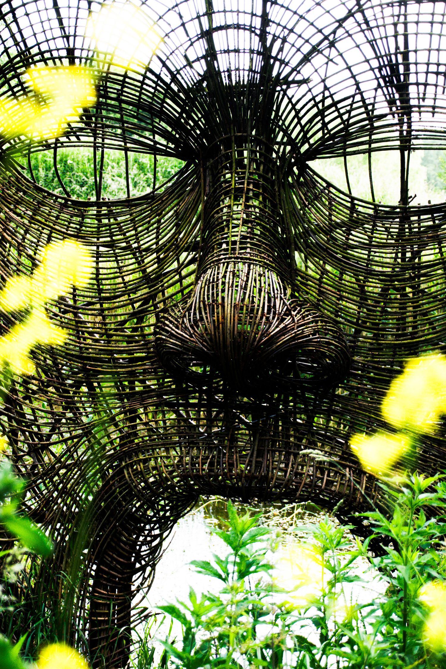 Large wicker face sculpture surrounded by lush green foliage and yellow flowers in an outdoor garden setting.