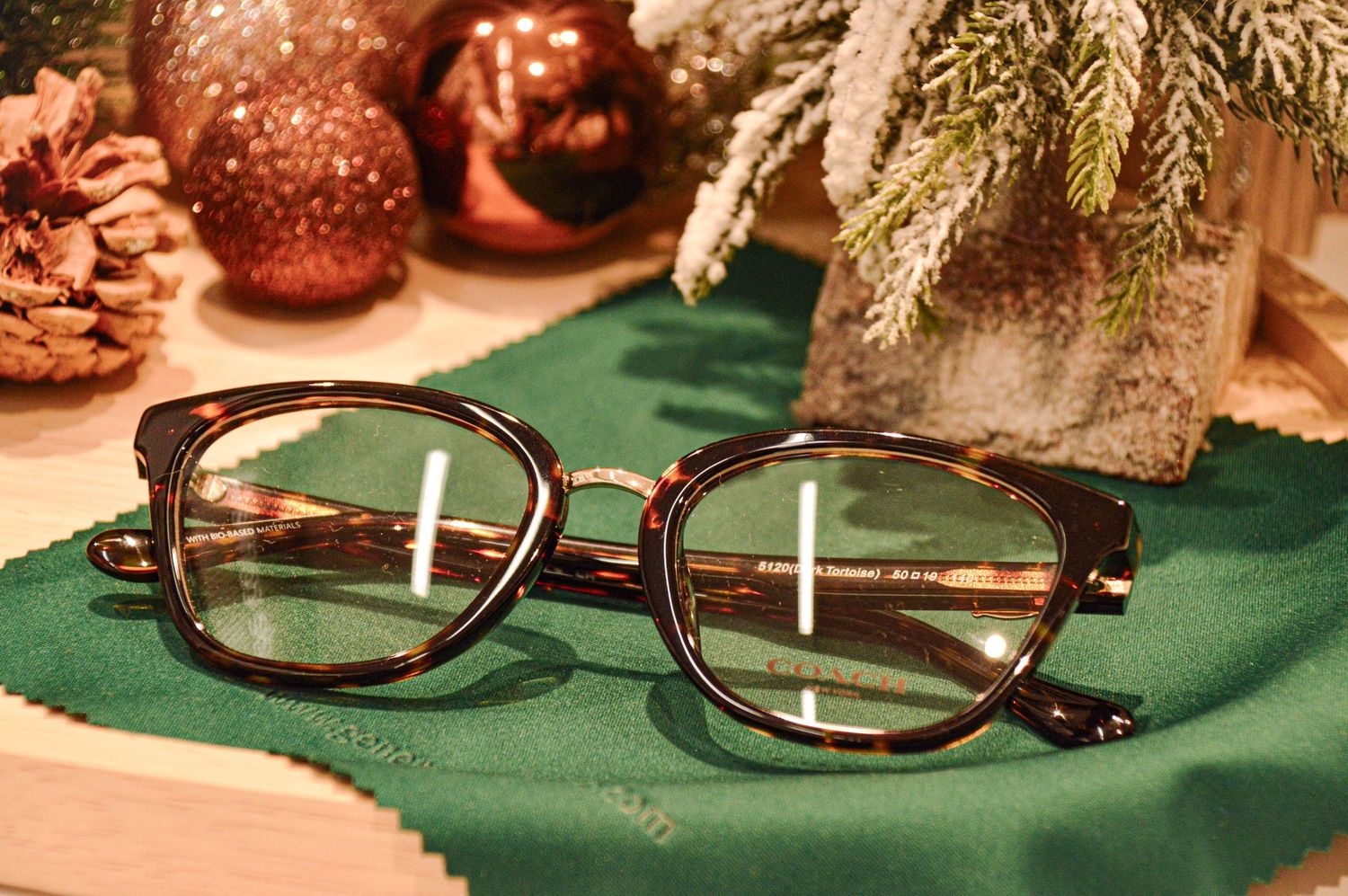 Stylish eyeglasses displayed on green surface with festive holiday decorations and pine branches.