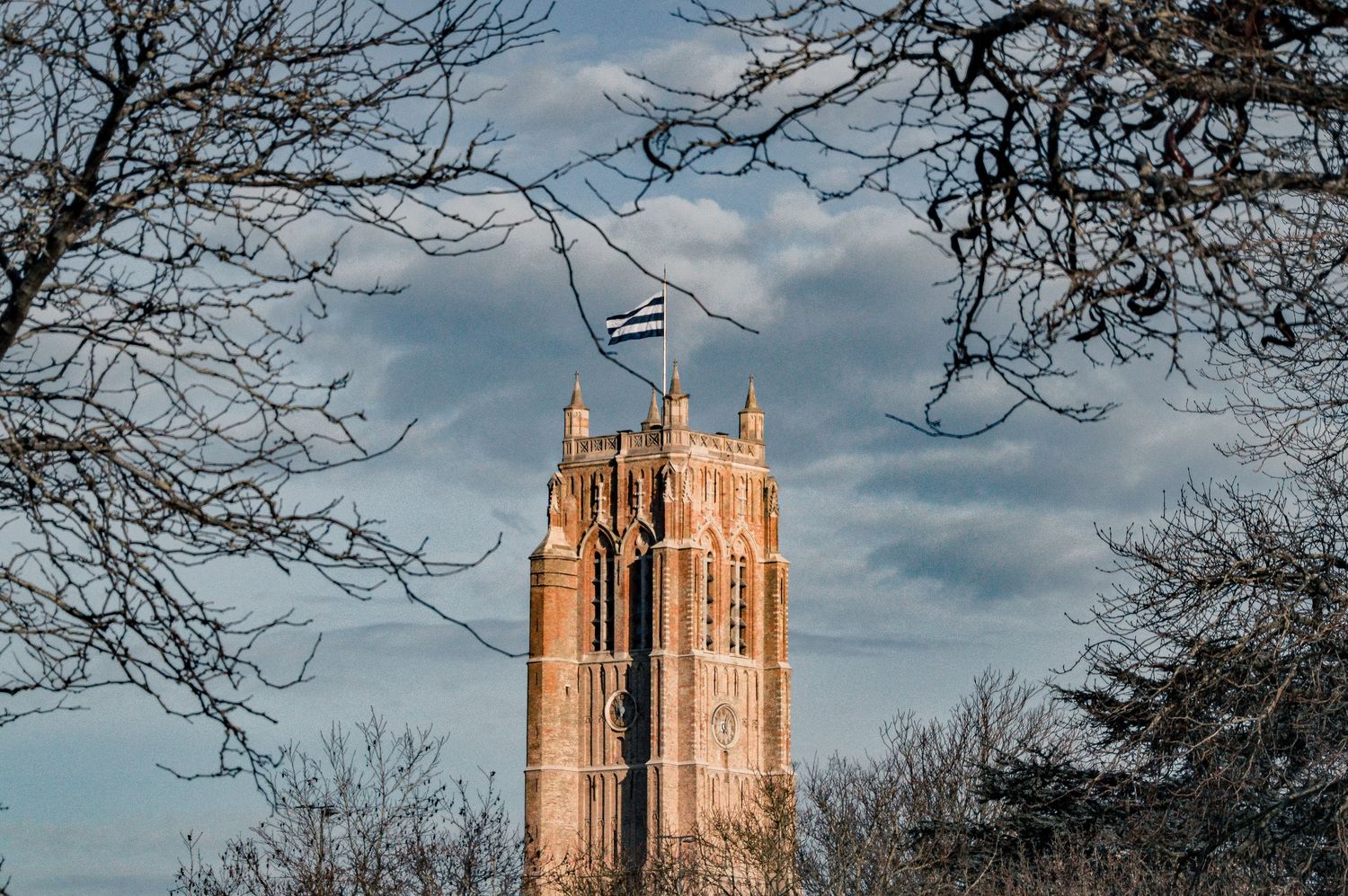 Medieval church tower photographed through bare tree branches against a cloudy sky.