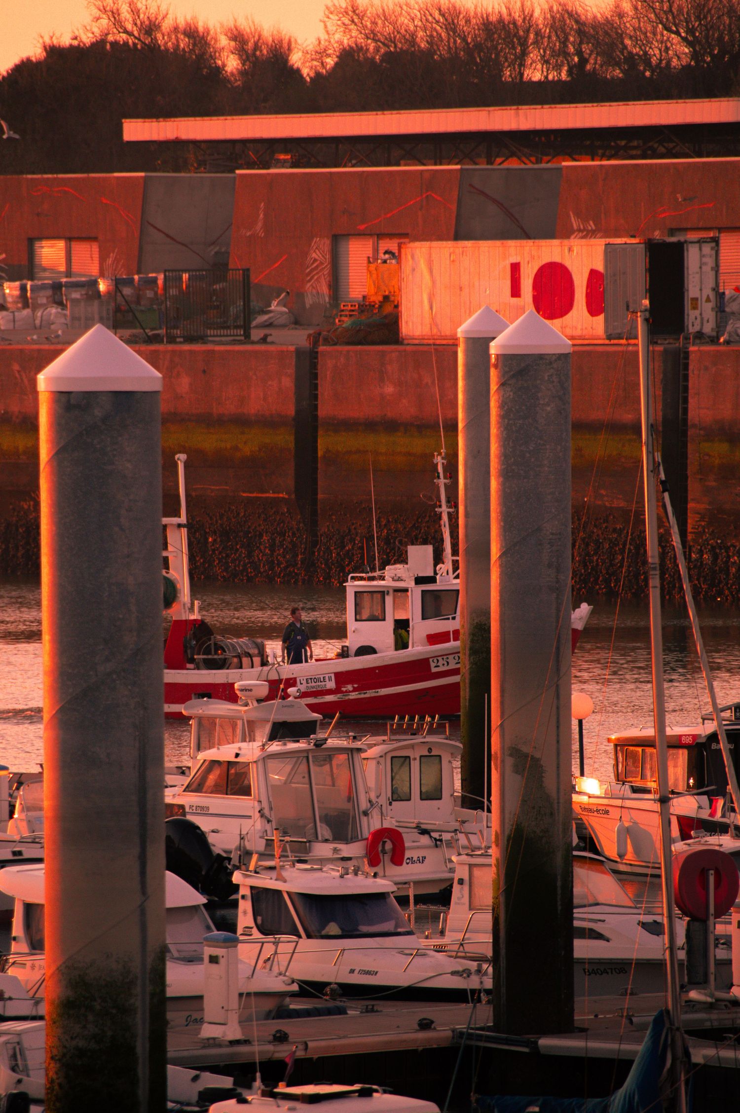 Boats docked at a marina during sunset with wooden posts and pilings silhouetted against an orange sky.