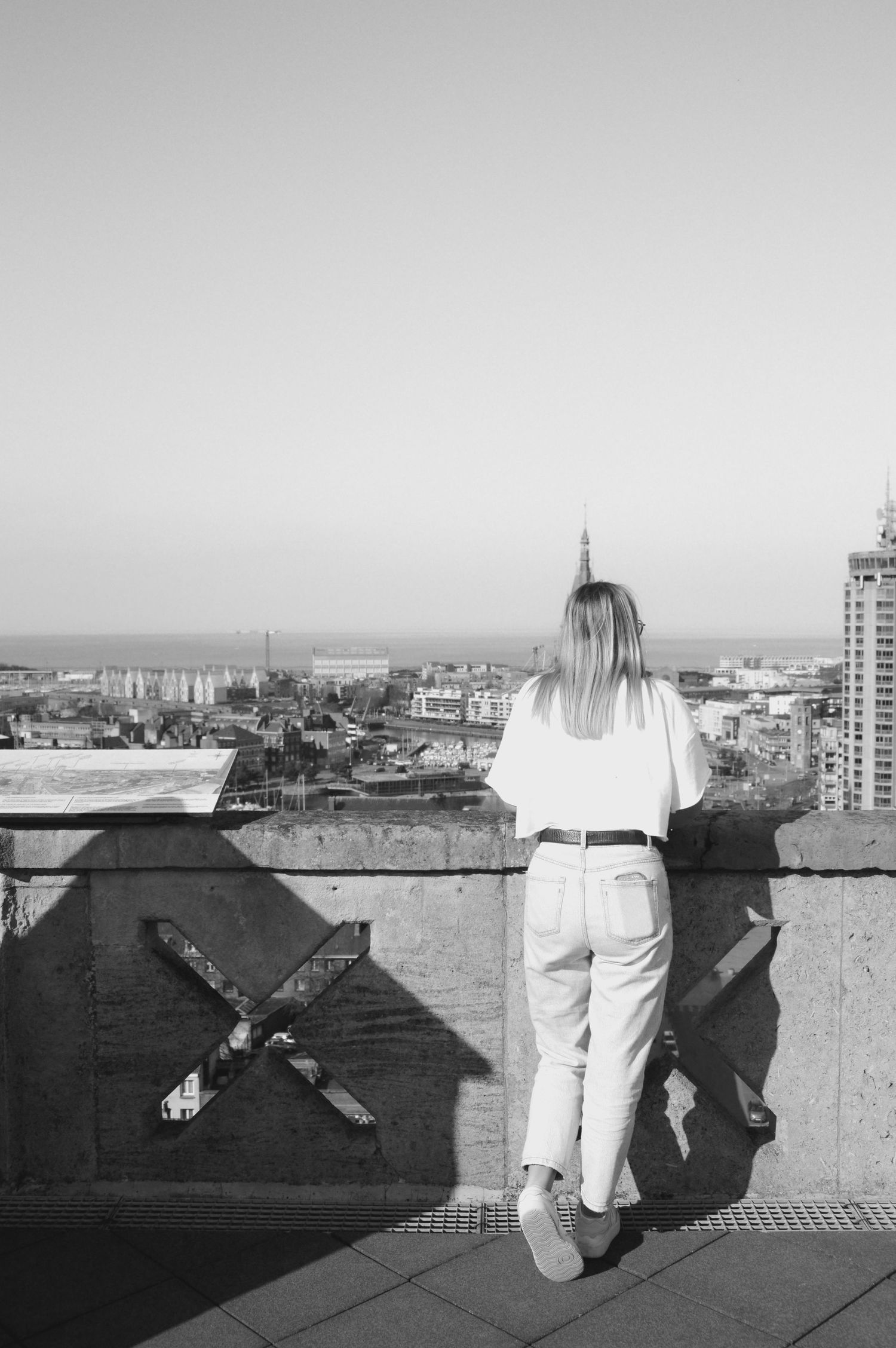 Monochrome urban landscape with person in white clothing viewing city from rooftop.