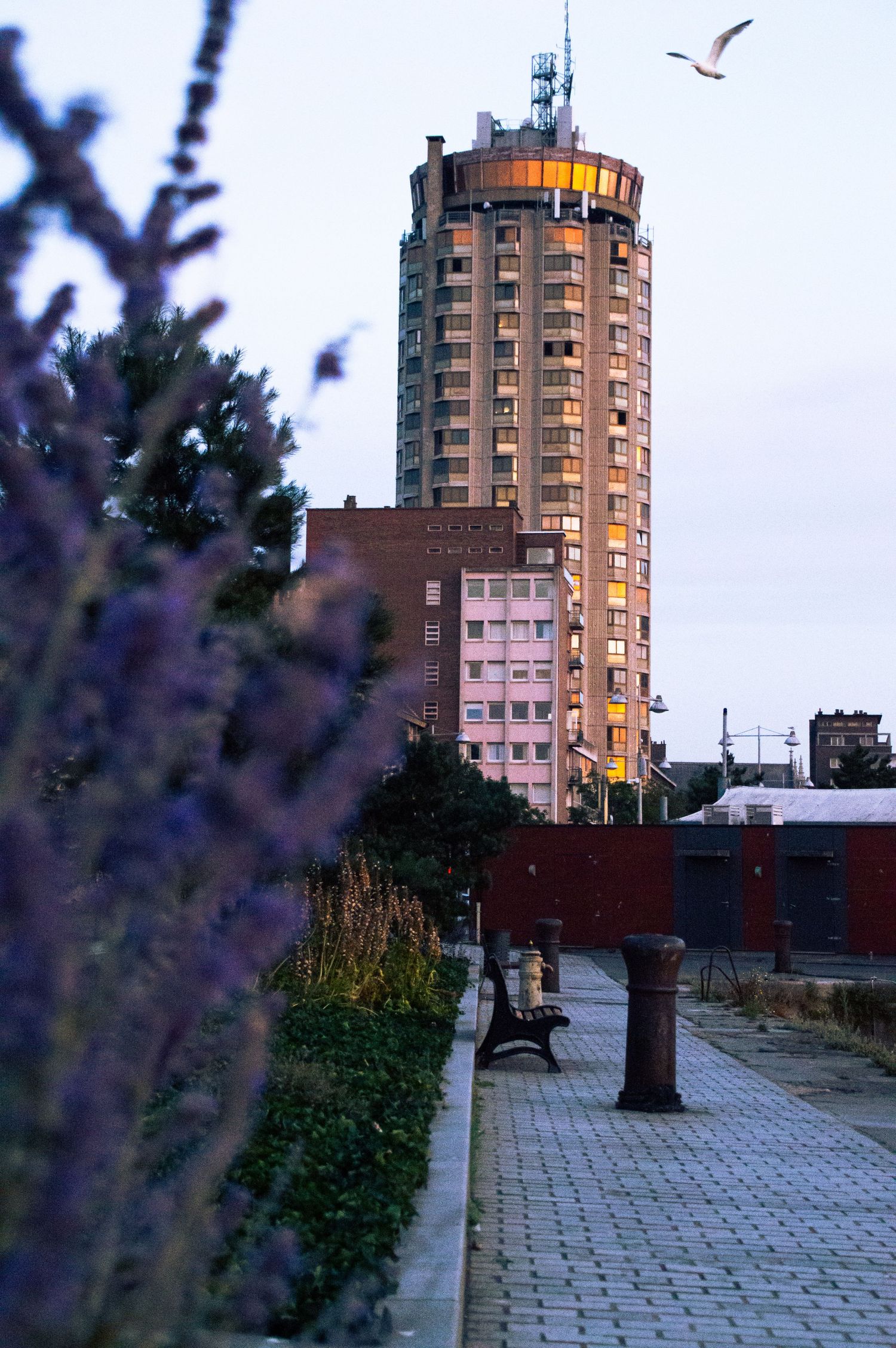 A tall cylindrical tower glows warmly at dusk beside a cobblestone path with purple flowers and a bench in the foreground.