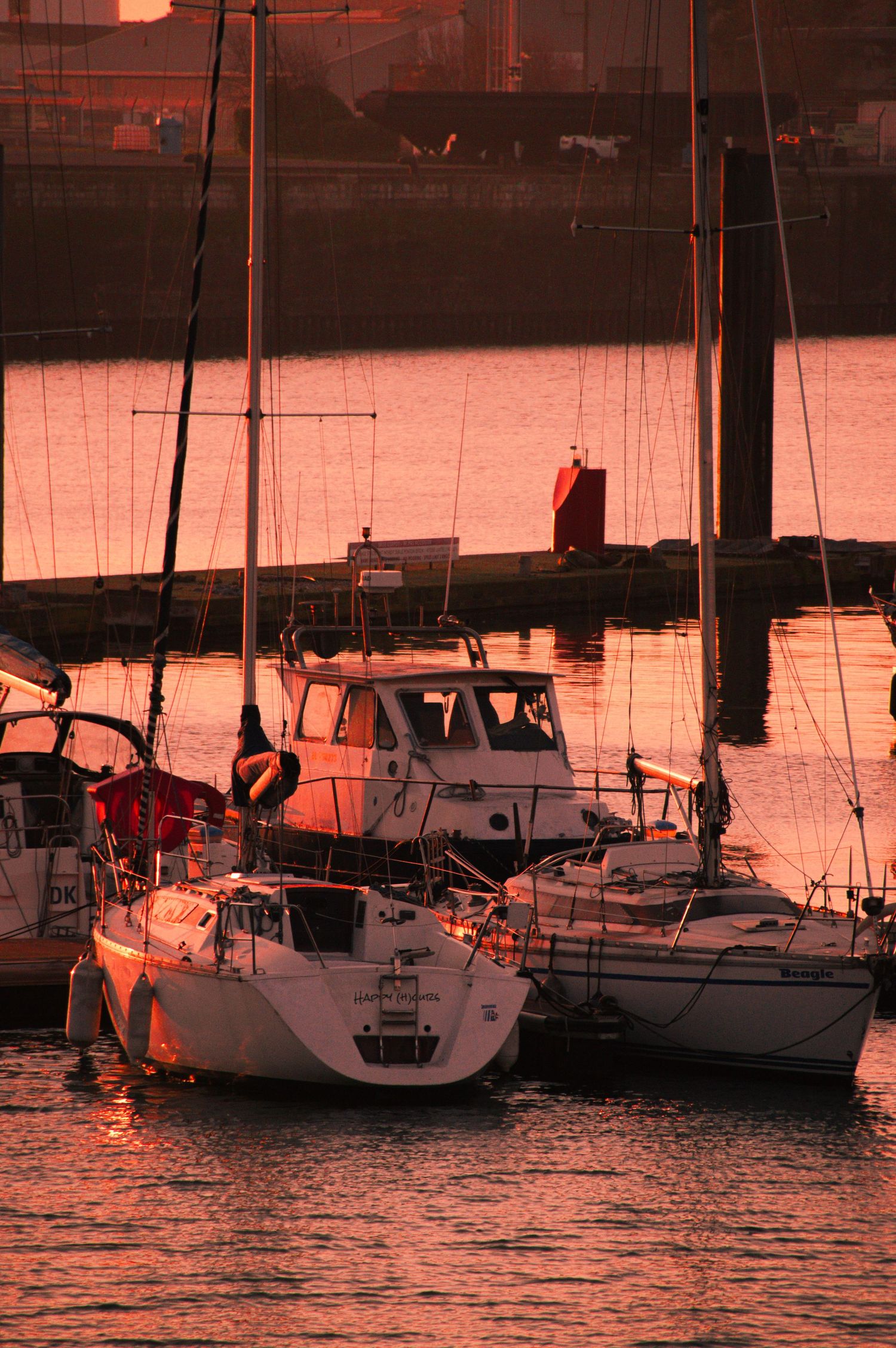 Sailboats moored at a marina during sunset with orange and pink reflections on the calm water.