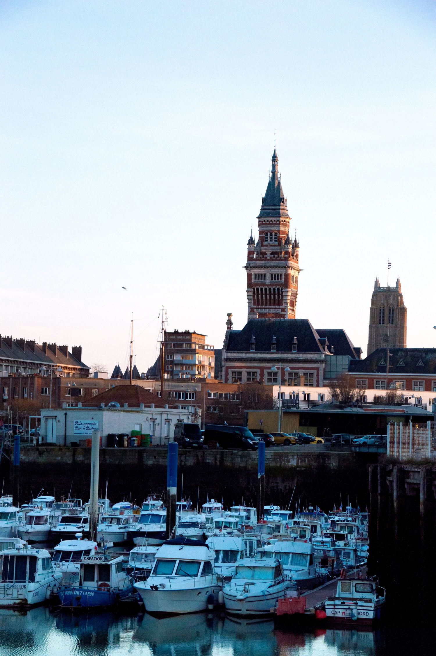 Boats docked in a marina with historic city buildings and towers silhouetted against a dusky sky in the background.