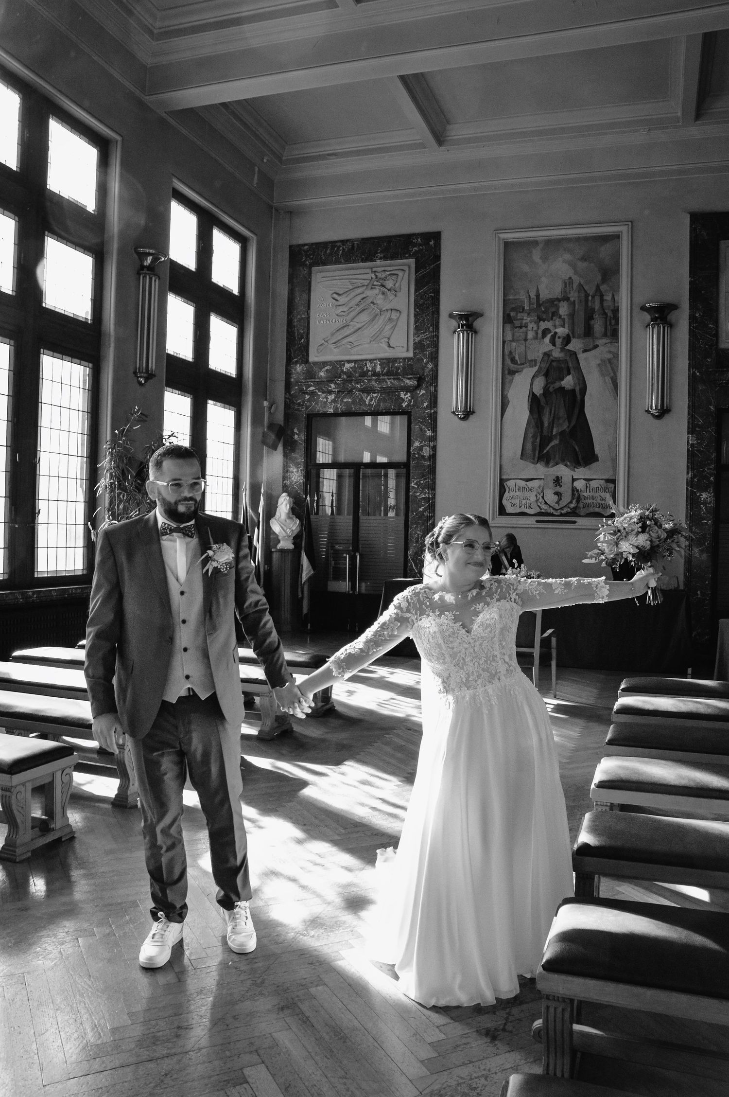 A series of wedding photos showing a couple dancing in a sunlit room with hardwood floors and large windows.