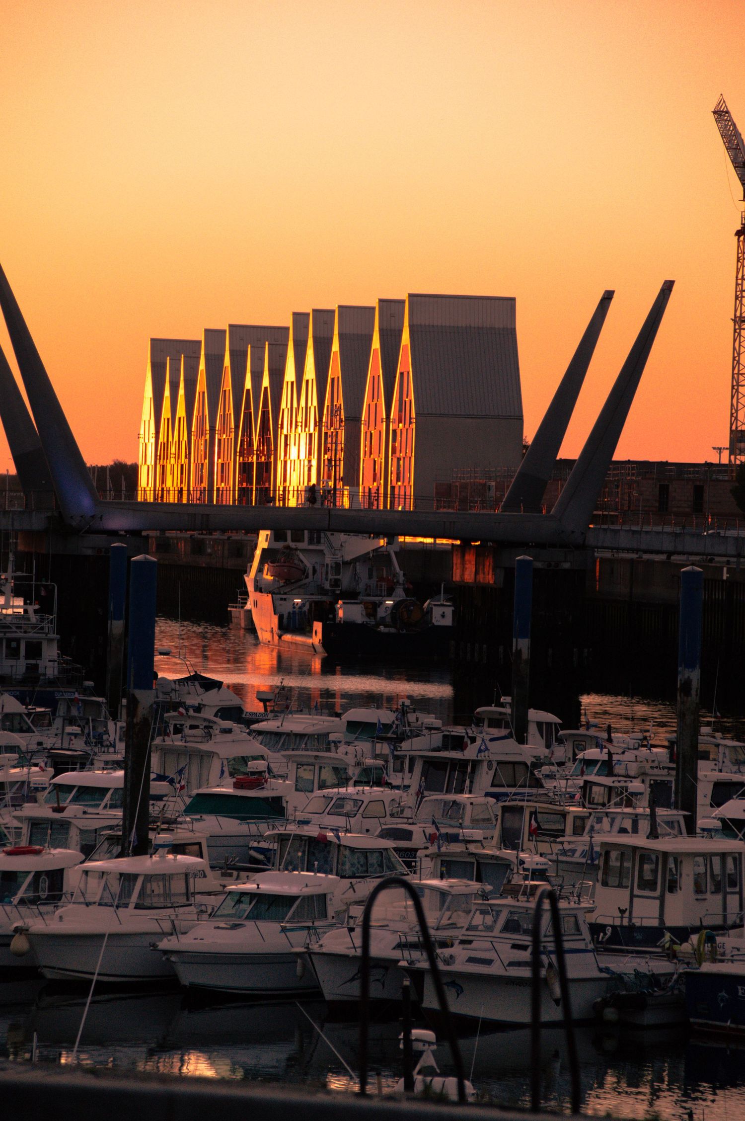 Marina at golden hour sunset with boats docked and industrial bridge structures glowing orange against vibrant sky.